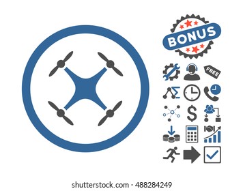 Quadcopter icon with bonus pictures. Vector illustration style is flat iconic bicolor symbols, cobalt and gray colors, white background.