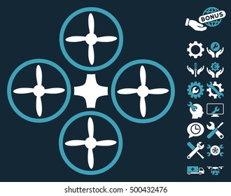 Quadcopter icon with bonus service icon set. Vector illustration style is flat iconic symbols, blue and white colors, dark blue background.