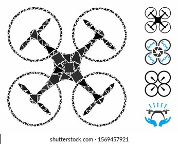 Quadcopter icon mosaic of raggy pieces in different sizes and color hues, based on quadcopter icon. Vector raggy pieces are combined into mosaic. Quadcopter icons collage with dotted pattern.