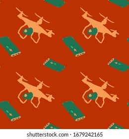 Quadcopter icon on lush lava backdrop. Power bank seamless pattern for mobile shop, wrap paper, sleeper, bath tile or bed linen. Phone case or cloth print. Kids cartoon style stock vector illustration