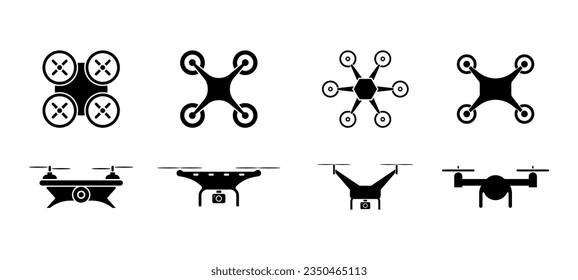 Colección vectorial de iconos de Quadcopter. Colección de iconos de drones aislados en blanco.