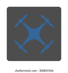 Quadcopter icon. Vector style is cobalt and gray colors, flat rounded square button on a white background.