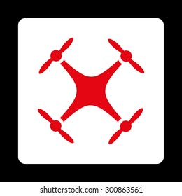 Quadcopter icon. Vector style is red and white colors, flat rounded square button on a black background.