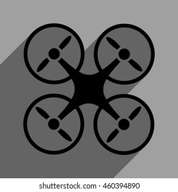 Quadcopter long shadow vector icon. Style is a flat Quadcopter black iconic symbol on a gray square background with longshadow.