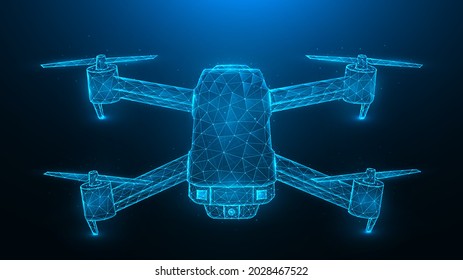 Quadcopter low poly design, drone polygonal vector illustration on a dark blue background. Unmanned aerial vehicle concept design.
