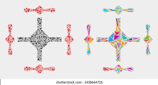 Quadcopter mosaic icon of triangle items which have variable sizes and shapes and colors. Geometric abstract vector illustration of quadcopter.