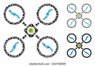Quadcopter mosaic of inequal elements in variable sizes and shades, based on quadcopter icon. Vector joggly pieces are grouped into collage.  