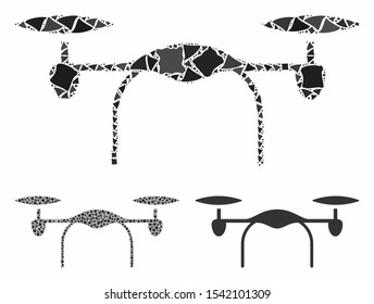 Quadcopter mosaic of raggy pieces in variable sizes and color hues, based on quadcopter icon. Vector irregular pieces are organized into mosaic. Quadcopter icons collage with dotted pattern.
