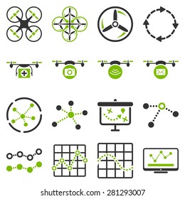 Quadcopter navigation icon set designed with eco green and gray colors. These flat bicolor pictograms are isolated on white background.