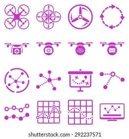 Quadcopter navigation icon set designed with violet color. These flat pictograms are isolated on a white background.