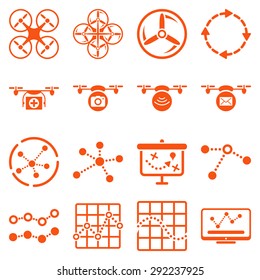 Quadcopter navigation icon set designed with orange color. These flat pictograms are isolated on a white background.