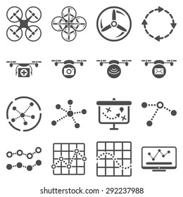 Quadcopter navigation icon set designed with gray color. These flat pictograms are isolated on a white background.