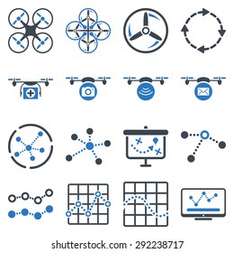 Quadcopter navigation icon set designed with smooth blue colors. These flat bicolor pictograms are isolated on a white background.