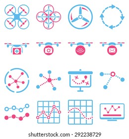 Quadcopter navigation icon set designed with pink and blue colors. These flat bicolor pictograms are isolated on a white background.