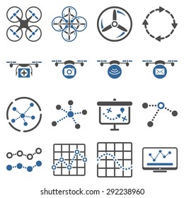 Quadcopter navigation icon set designed with cobalt and gray colors. These flat bicolor pictograms are isolated on a white background.