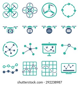 Quadcopter navigation icon set designed with cobalt and cyan colors. These flat bicolor pictograms are isolated on a white background.