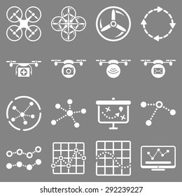 Quadcopter navigation icon set designed with white color. These flat pictograms are isolated on a gray background.