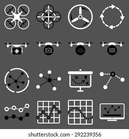 Quadcopter navigation icon set designed with black and white colors. These flat bicolor pictograms are isolated on a gray background.