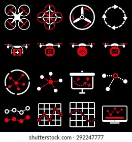 Quadcopter navigation icon set designed with red and white colors. These flat bicolor pictograms are isolated on a black background.