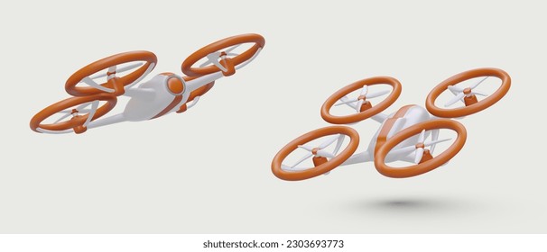 Quadcopter in Betrieb. 3D-Bild von Drohne mit vier Motoren. Realistische Illustration von Fluggerät, Ansicht von verschiedenen Seiten. Ferngesteuerter Computer, Flüge ohne Pilot