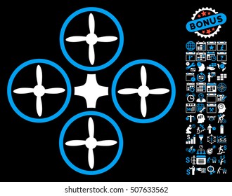 Quadcopter pictograph with bonus calendar and time service images. Vector illustration style is flat iconic symbols, blue and white colors, black background.