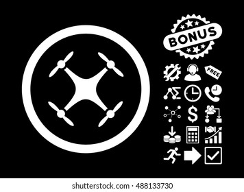 Quadcopter pictograph with bonus design elements. Vector illustration style is flat iconic symbols, white color, black background.