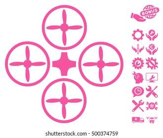Quadcopter pictograph with bonus setup tools pictograph collection. Vector illustration style is flat iconic symbols, pink color, white background.