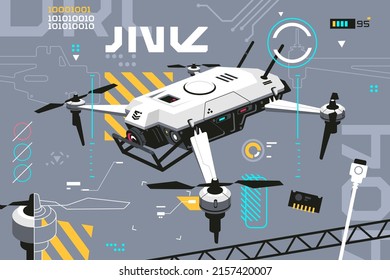 Quadcopter with portable camera vector illustration. Digital entertainment flight drone, follow me drone flat style. Futuristic technologies and modern progress concept