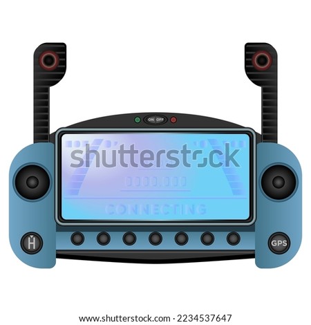 Quadcopter remote controller in realistic style. Blue Drone with camera. Colorful vector illustration isolated on white background.