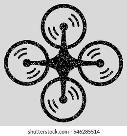 Quadcopter Screw Rotation grainy textured icon for overlay watermark stamps. Flat symbol with unclean texture. Dotted vector black ink rubber seal stamp with grunge design on a light gray background.