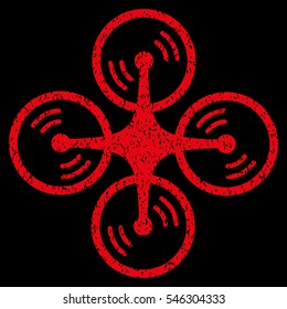 Quadcopter Screw Rotation grainy textured icon for overlay watermark stamps. Flat symbol with dust texture. Dotted vector red ink rubber seal stamp with grunge design on a black background.