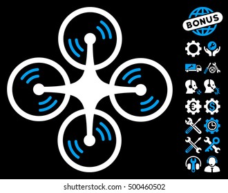Quadcopter Screw Rotation icon with bonus configuration pictograms. Vector illustration style is flat iconic symbols, blue and white colors, black background.