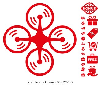 Quadcopter Screw Rotation icon with free bonus symbols. Vector illustration style is flat iconic symbols, red color, white background.