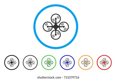 Quadcopter Screw Rotation icon. Vector illustration style is a flat iconic quadcopter screw rotation gray rounded symbol inside light blue circle with black, gray, green, blue, red,