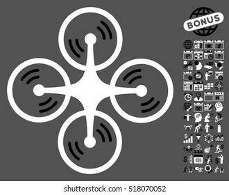 Quadcopter Screw Rotation pictograph with bonus calendar and time service images. Vector illustration style is flat iconic symbols, black and white colors, gray background.