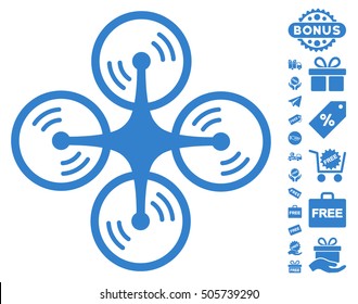 Quadcopter Screw Rotation pictograph with free bonus graphic icons. Vector illustration style is flat iconic symbols, cobalt color, white background.