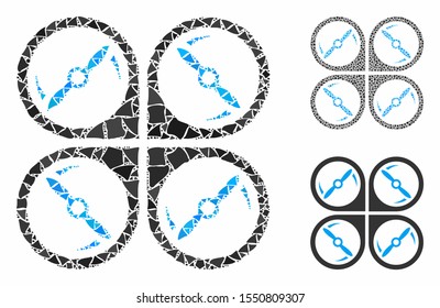 Quadcopter screws rotation composition of inequal items in variable sizes and color tones, based on quadcopter screws rotation icon. Vector inequal items are composed into collage.