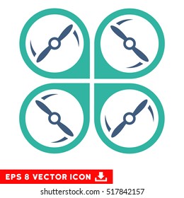 Quadcopter Screws Rotation EPS vector pictogram. Illustration style is flat iconic bicolor cobalt and cyan symbol on white background.