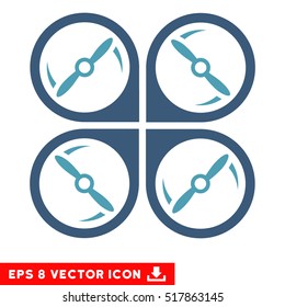 Quadcopter Screws Rotation EPS vector pictograph. Illustration style is flat iconic bicolor cyan and blue symbol on white background.