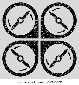 Quadcopter Screws Rotation grainy textured icon for overlay watermark stamps. Flat symbol with unclean texture. Dotted vector black ink rubber seal stamp with grunge design on a light gray background.