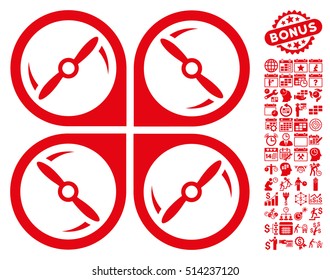 Quadcopter Screws Rotation icon with bonus calendar and time service icon set. Vector illustration style is flat iconic symbols, red color, white background.