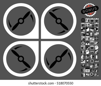 Quadcopter Screws Rotation icon with bonus calendar and time management design elements. Vector illustration style is flat iconic symbols, black and white colors, gray background.