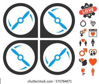 Quadcopter Screws Rotation icon with bonus marriage clip art. Vector illustration style is flat iconic symbols for web design, app user interfaces.
