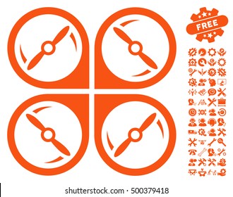 Quadcopter Screws Rotation pictograph with bonus tools symbols. Vector illustration style is flat iconic symbols, orange color, white background.