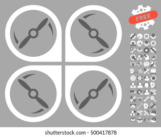 Quadcopter Screws Rotation pictograph with bonus settings pictograph collection. Vector illustration style is flat iconic symbols, dark gray and white colors, silver background.
