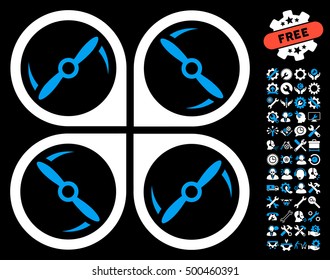 Quadcopter Screws Rotation pictograph with bonus tools icon set. Vector illustration style is flat iconic symbols, blue and white colors, black background.