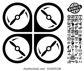 Quadcopter Screws Rotation pictograph with bonus calendar and time management pictures. Vector illustration style is flat iconic symbols, black color, white background.