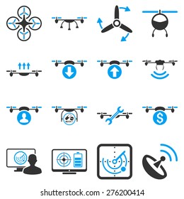 Quadcopter service icon set designed with modern corporate light blue and gray colors. These flat bicolor pictograms are isolated on white background.