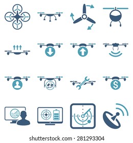Quadcopter service icon set designed with modern corporate cyan and blue colors. These flat bicolor pictograms are isolated on white background.