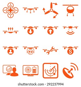 Quadcopter service icon set designed with orange color. These flat pictograms are isolated on a white background.